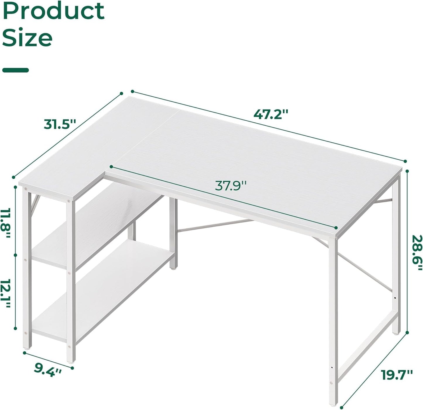 L Shaped Desk, 47 Inches Computer Desk with Reversible Storage Shelves, Gaming Desk.