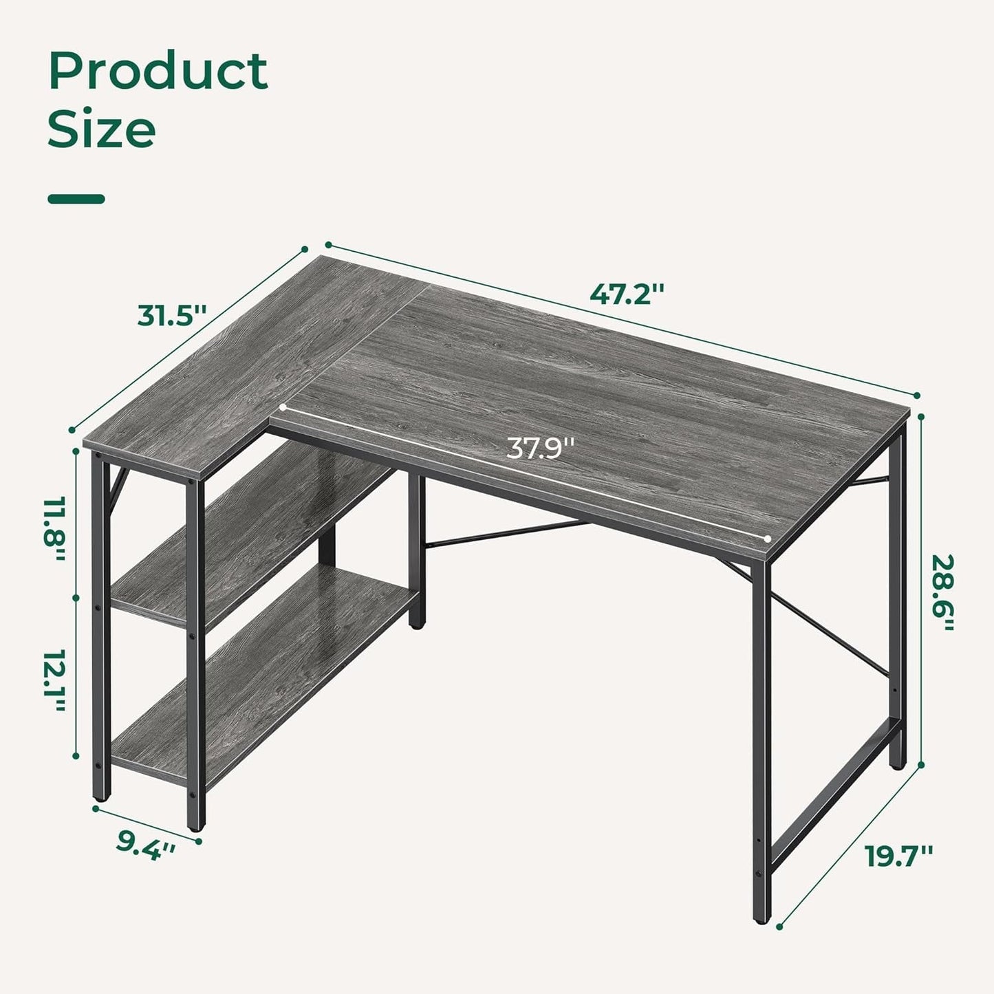 L Shaped Desk, 47 Inches Computer Desk with Reversible Storage Shelves