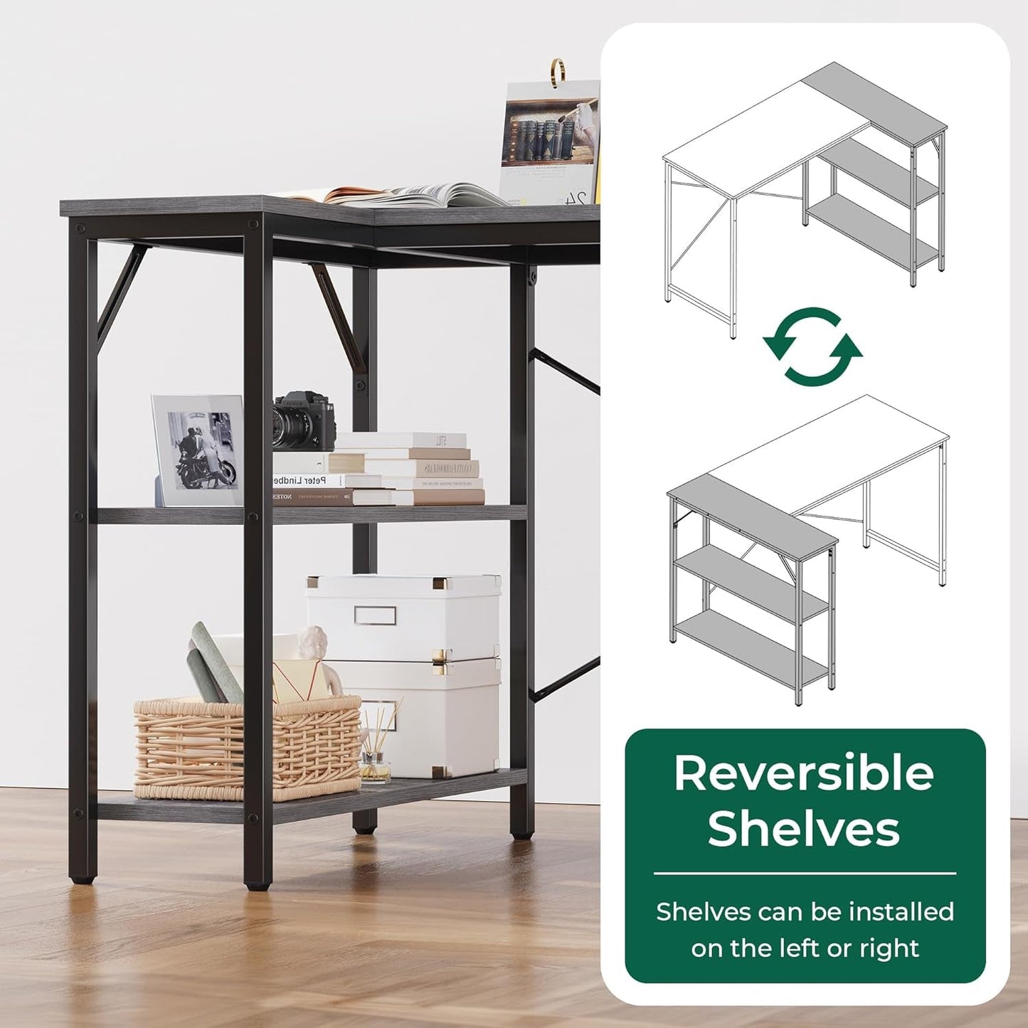 L Shaped Desk, 47 Inches Computer Desk with Reversible Storage Shelves