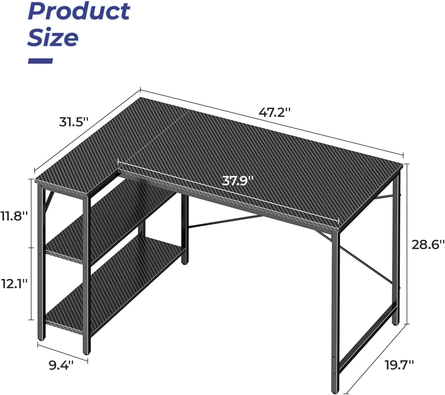L Shaped Desk, 47 Inches Computer Desk with Reversible Storage Shelves,
