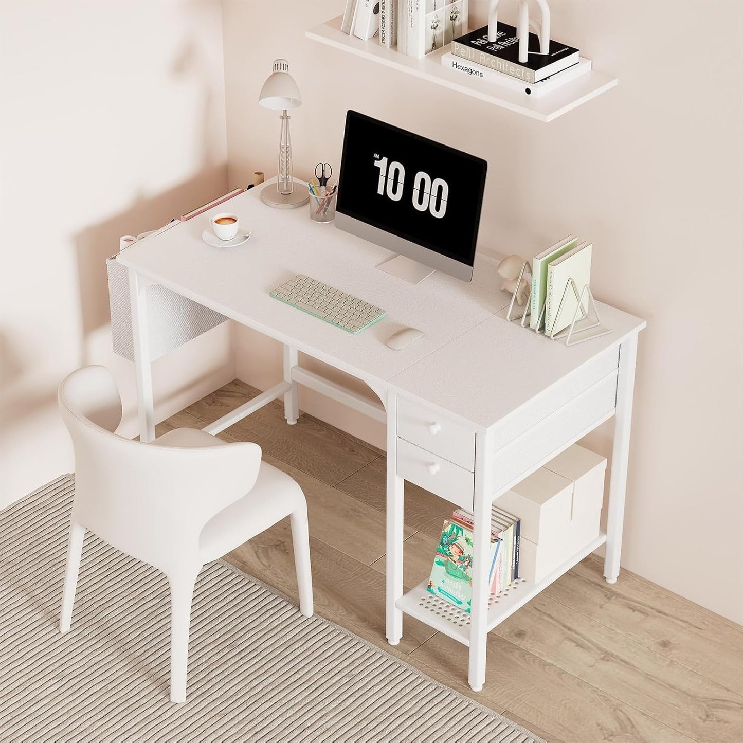 White Small Desk with Drawers - 40 Inch Computer Desk