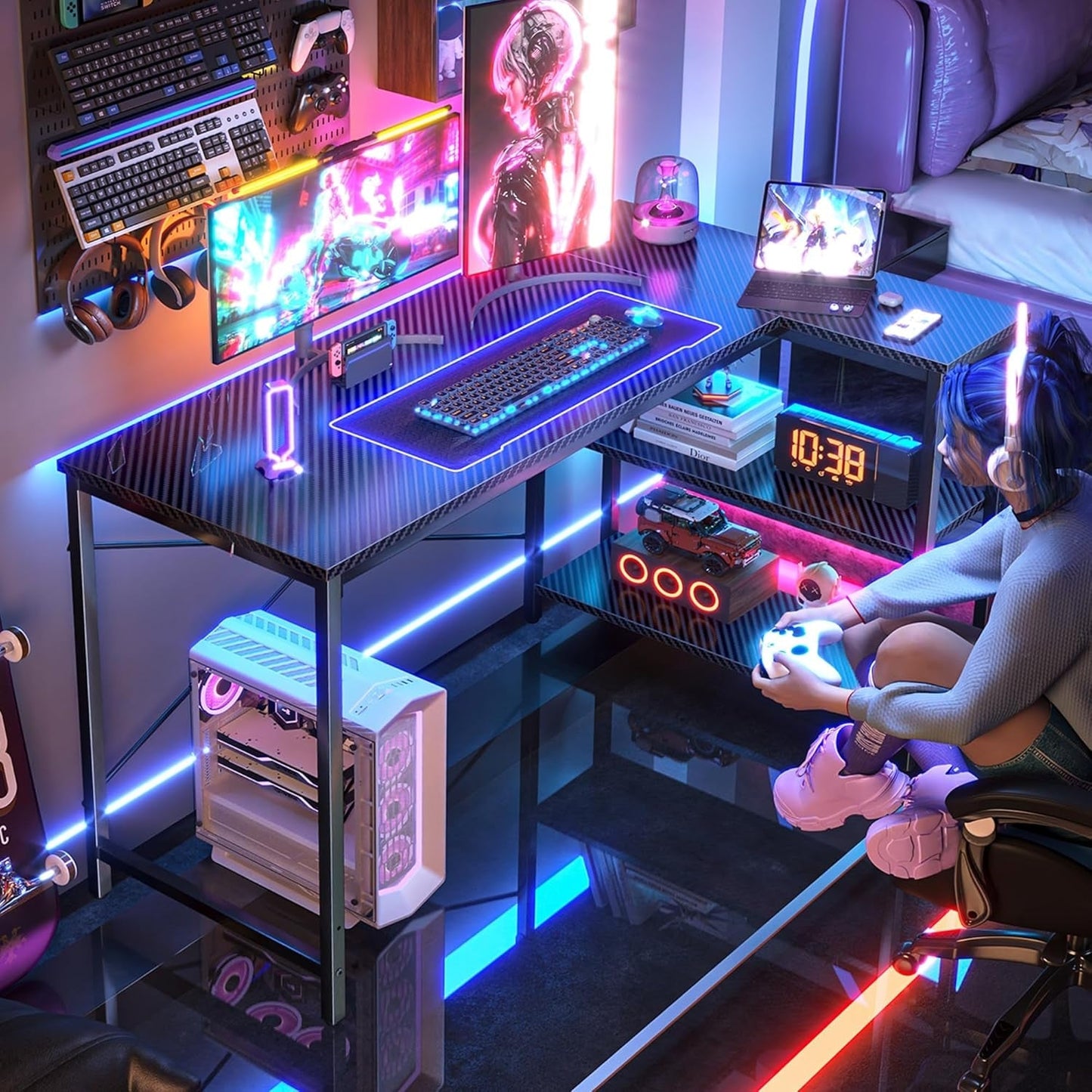 L Shaped Desk, 47 Inches Computer Desk with Reversible Storage Shelves,