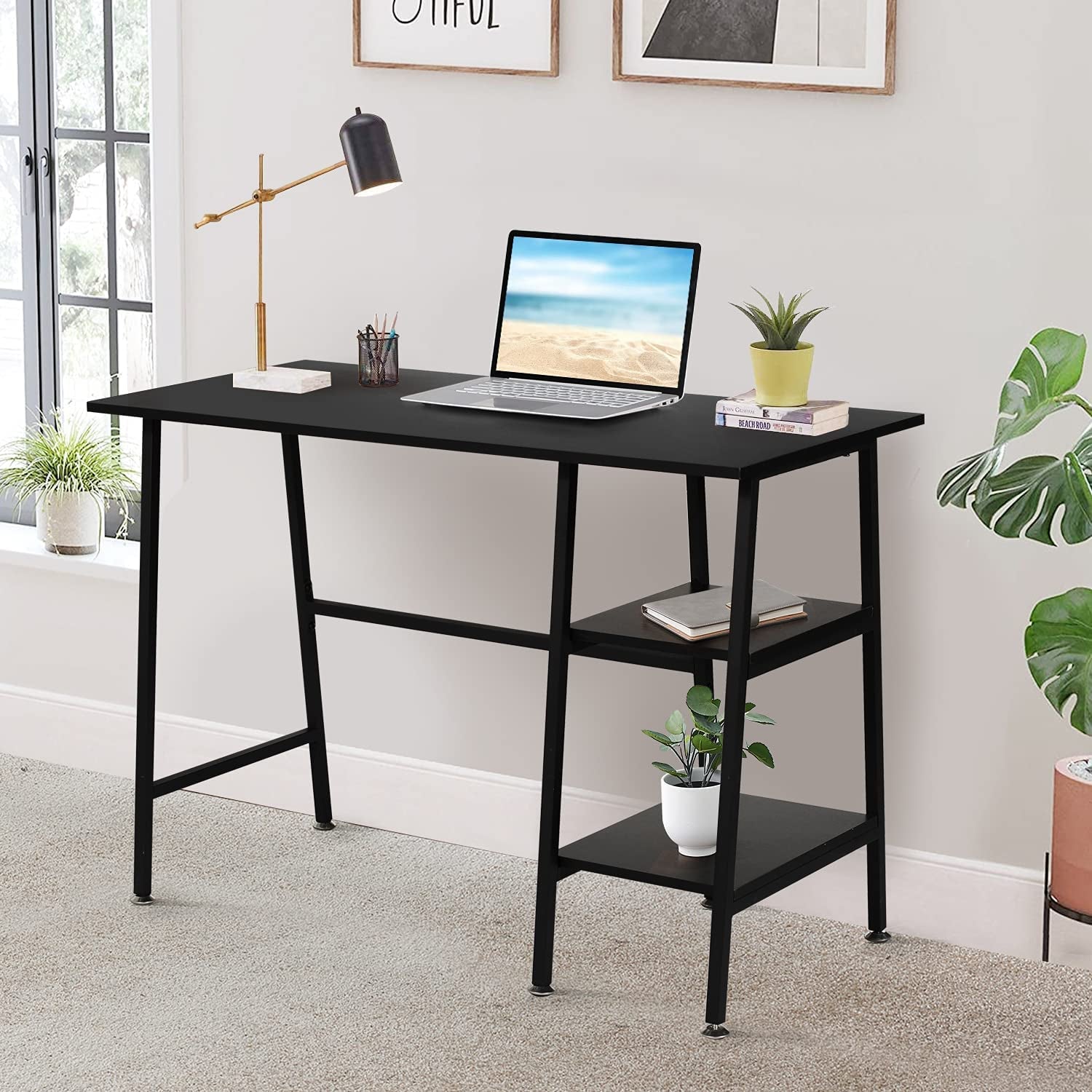 Industrial Style Computer Desk with Storage Shelves-2