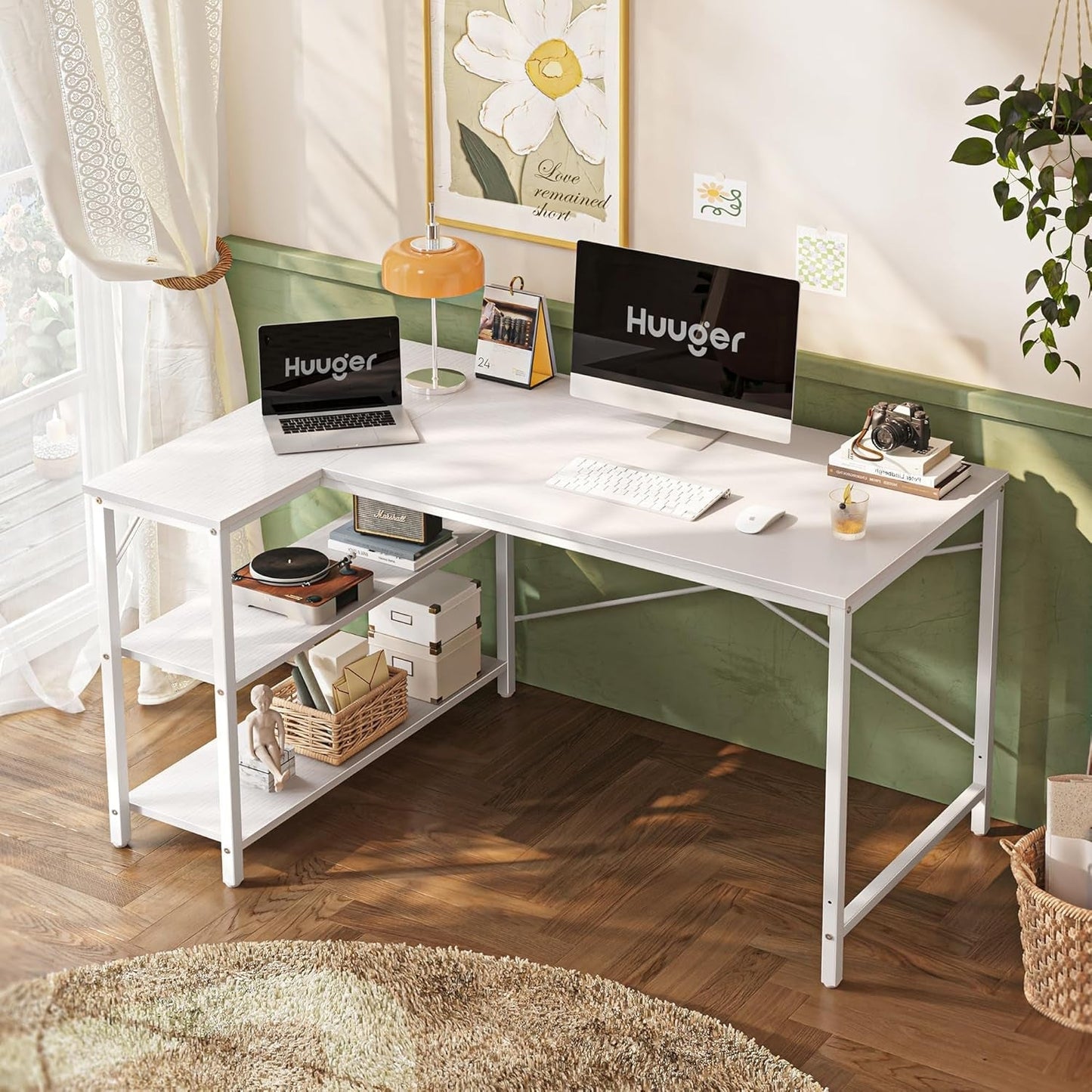 L Shaped Desk, 47 Inches Computer Desk with Reversible Storage Shelves, Gaming Desk.