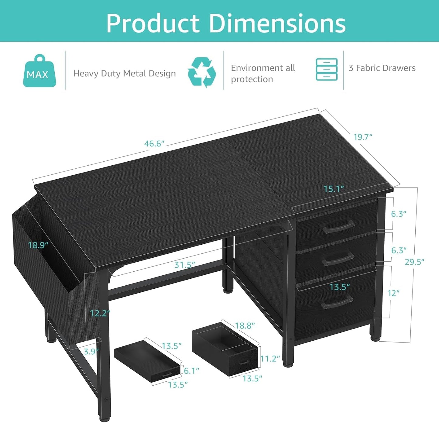 Computer Desk with File Drawers Cabinet, 47 Inch Home Office Desk with Filing Cabinet