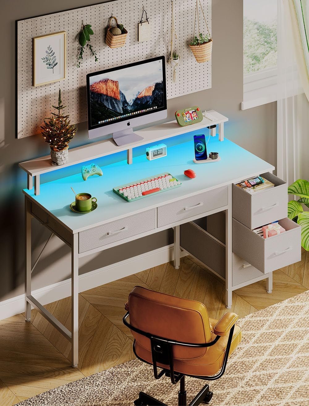 Computer Desk with Power Outlets and LED Light