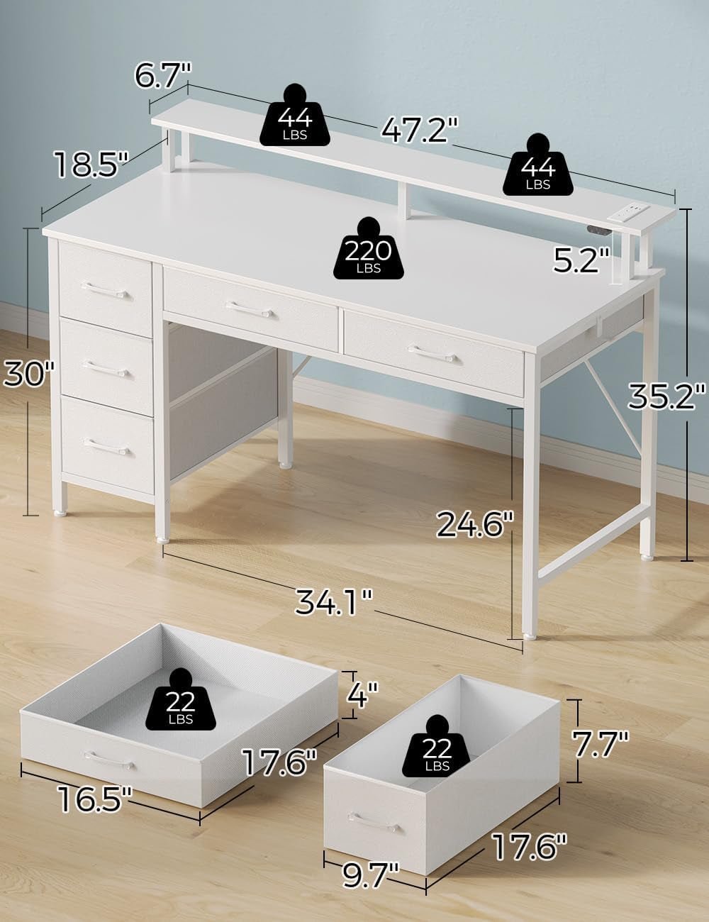 Computer Desk with Power Outlets and LED Light