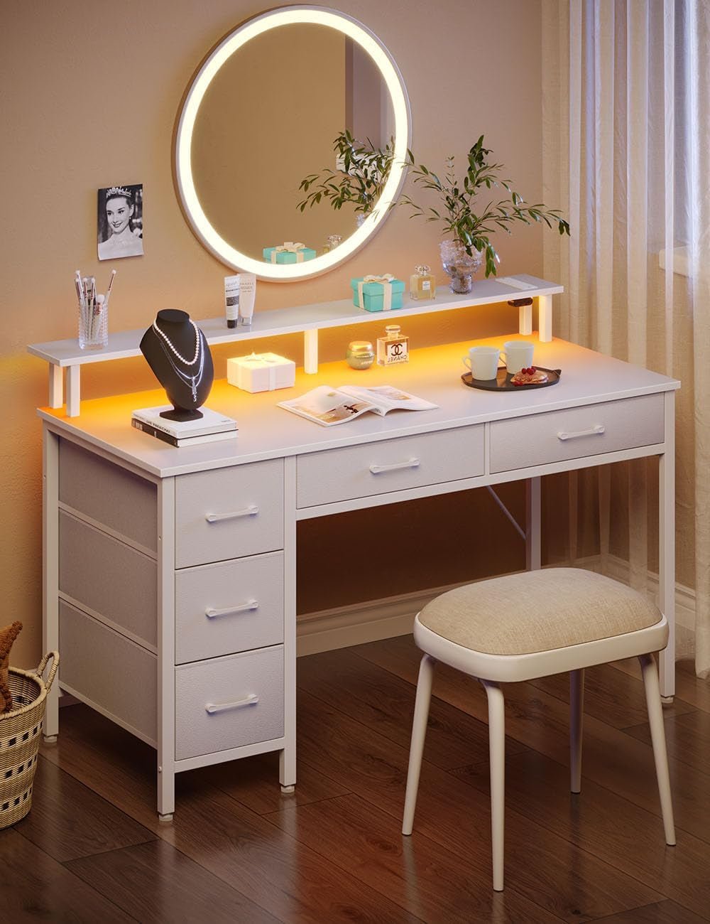 Computer Desk with Power Outlets and LED Light