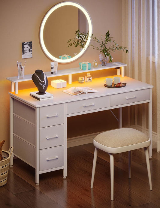 Computer Desk with Power Outlets and LED Light