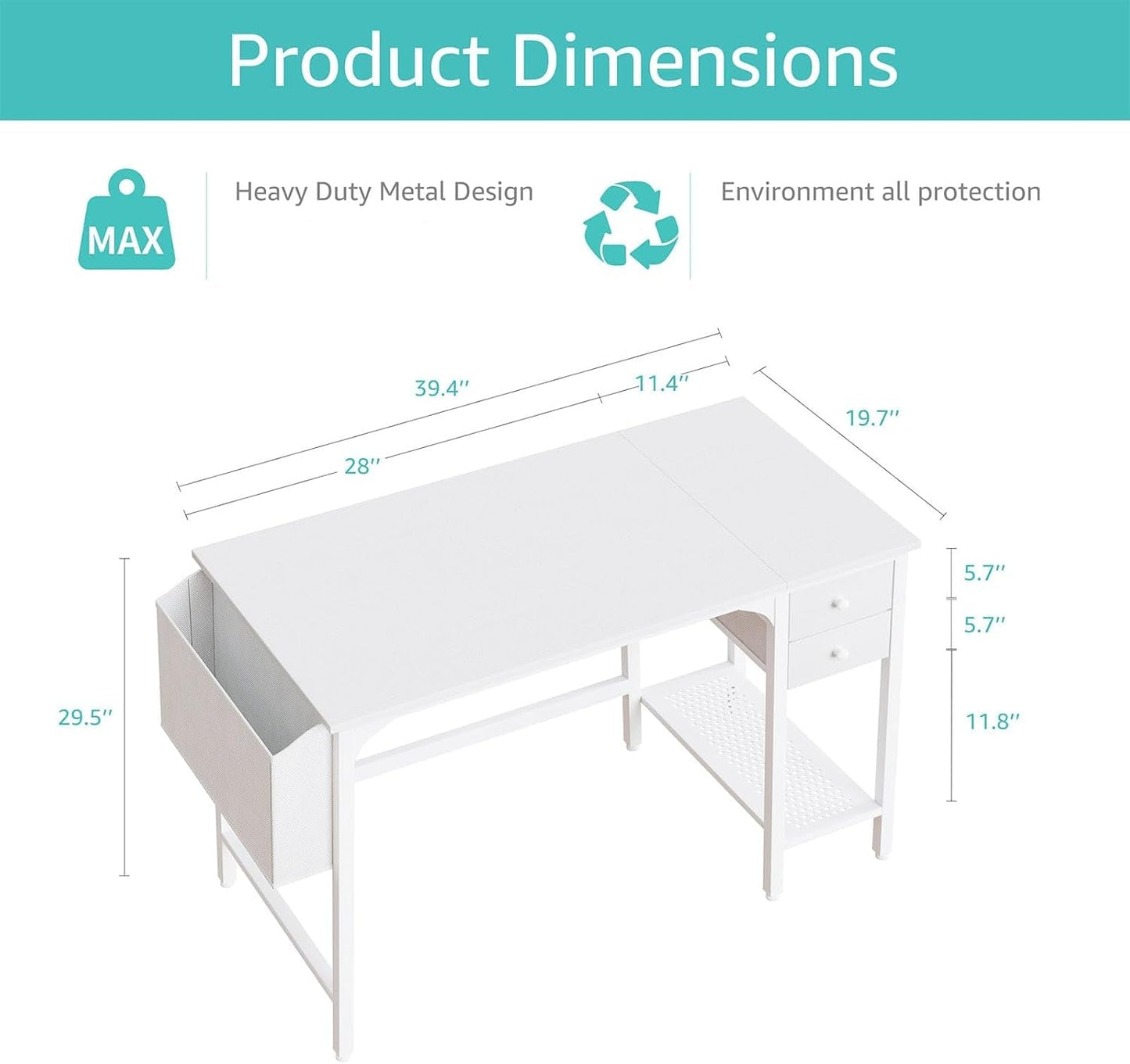 White Small Desk with Drawers - 40 Inch Computer Desk