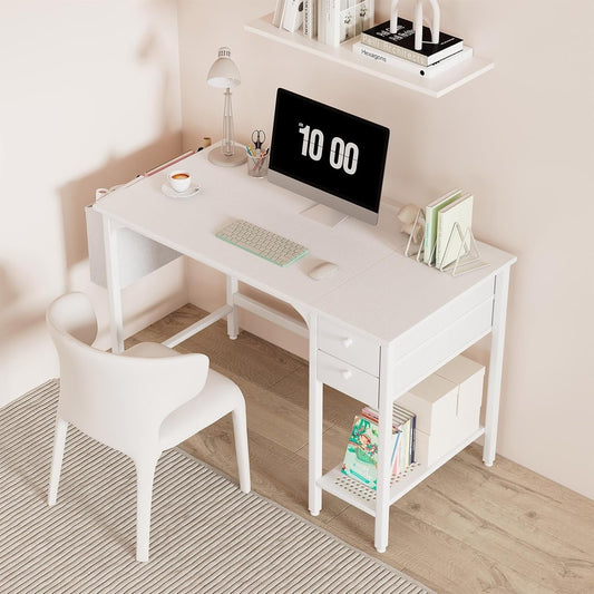 White Small Desk with Drawers - 40 Inch Computer Desk
